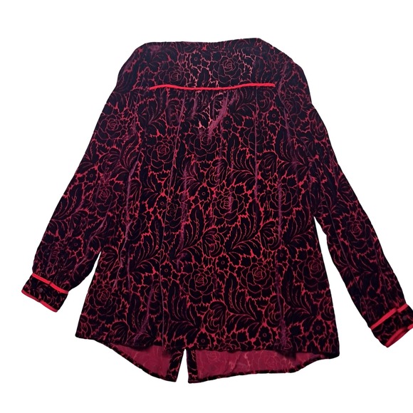 Sundance Top Women's Medium Red Velvet Burnout Button Up Long‎ Sleeve Silk Blend - Picture 2 of 9